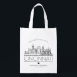 Cincinnati, Ohio Wedding| Stylized Line Grocery Bag<br><div class="desc">A unique wedding bag that takes place in beautiful Cincinnati,  Ohio. This bag features a stylized illustration of the unique landscape of the city with its name below. This is followed by wedding day information in a matching open style.</div>