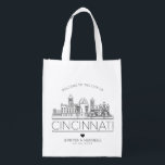 Cincinnati, Ohio Wedding| Stylized Line Grocery Bag<br><div class="desc">A unique wedding bag that takes place in beautiful Cincinnati,  Ohio. This bag features a stylized illustration of the unique landscape of the city with its name below. This is followed by wedding day information in a matching open style.</div>
