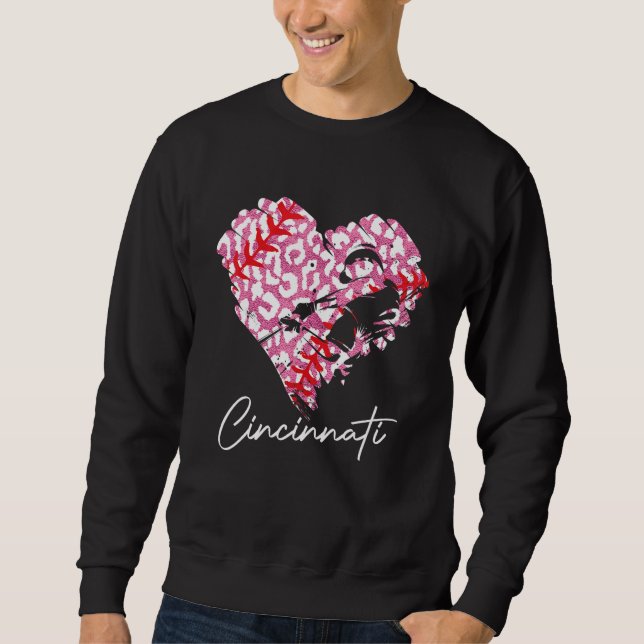 Cincinnati Pink Leopard Baseball Heart Baseball Fa Sweatshirt (Front)