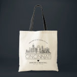 Cincinnati que casa el horizonte estilizado del | tote bag<br><div class="desc">Una bolsa de asas única del boda para un boda que ocurre en la ciudad hermosa de Cincinnati, Ohio. Este tote ofrece un ilustracion estilizado del horizonte único de la ciudad con su nombre debajo. Esto es seguida por su información del día de boda en un a juego abre estilo...</div>
