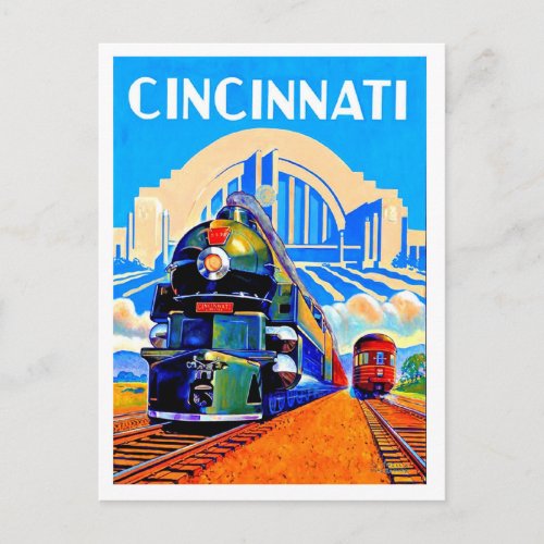 Cincinnati railway trainsvintage travel postcard