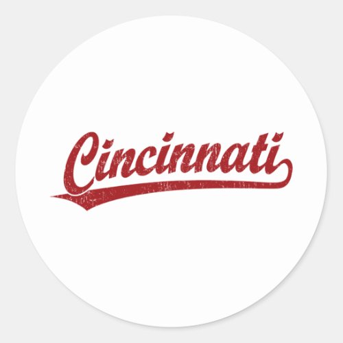 Cincinnati script logo in red classic round sticker