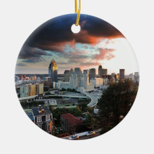 Cincinnati skyline at sunset ceramic ornament (Front)
