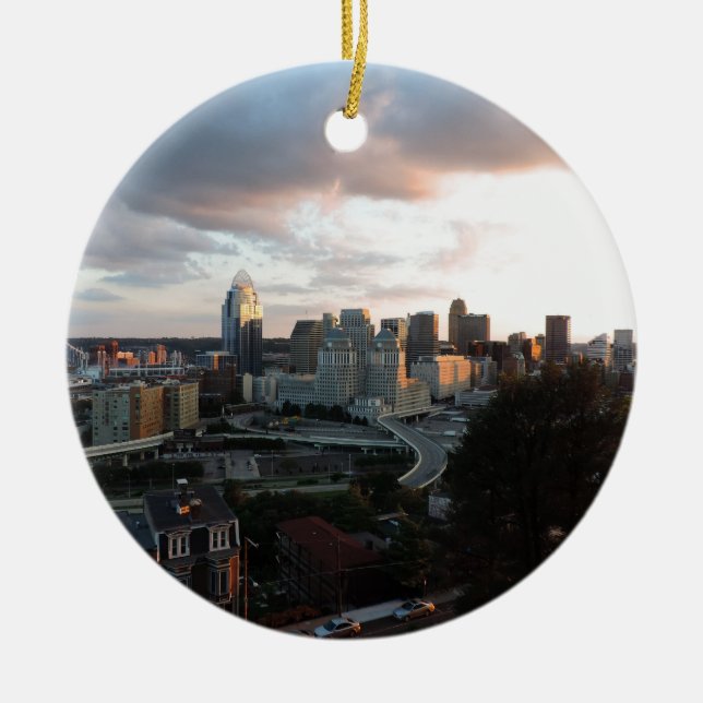 Cincinnati skyline at sunset ceramic ornament (Front)