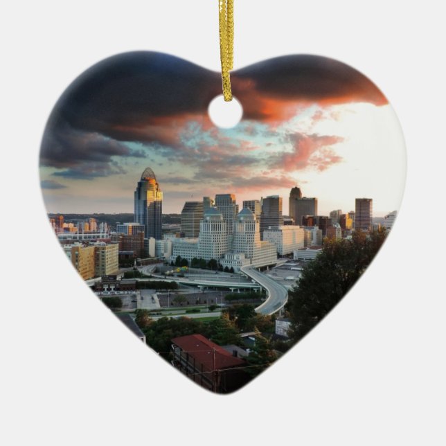 Cincinnati skyline at sunset ceramic ornament (Front)