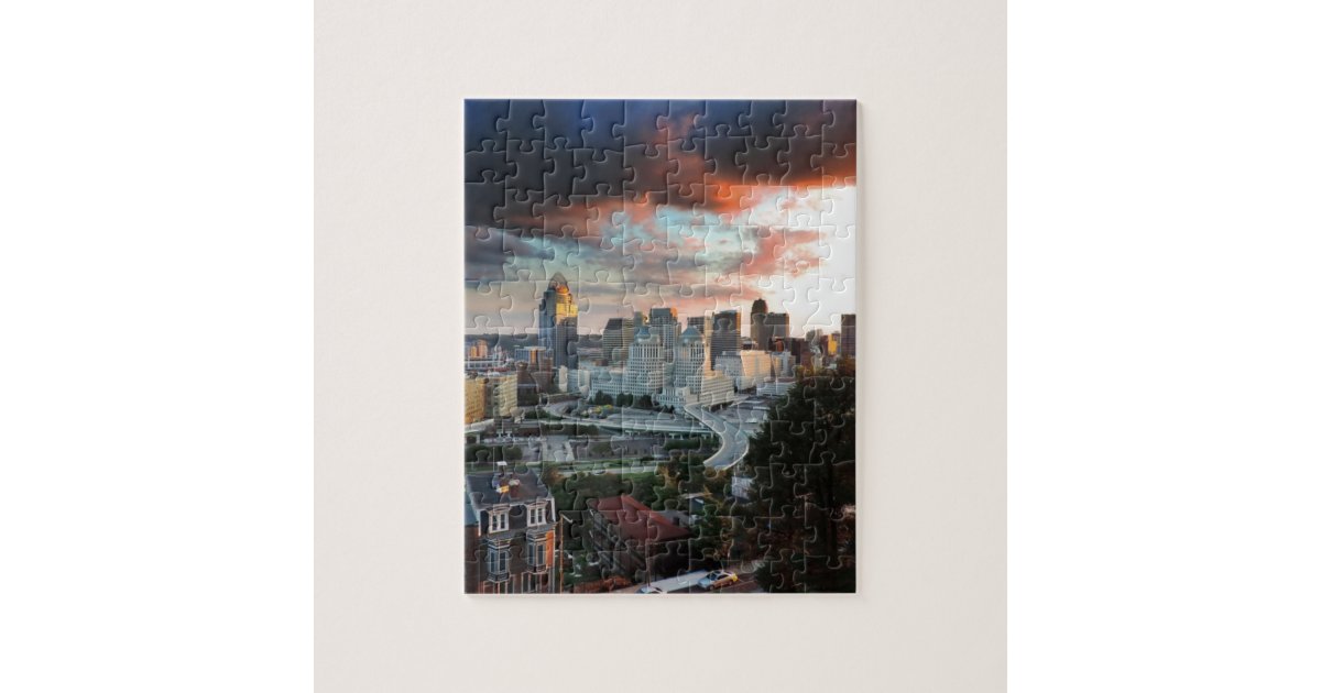 Cincinnati skyline at sunset jigsaw puzzle | Zazzle