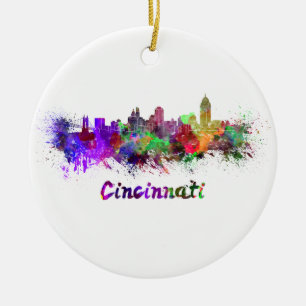 Cincinnati skyline in watercolor ceramic ornament
