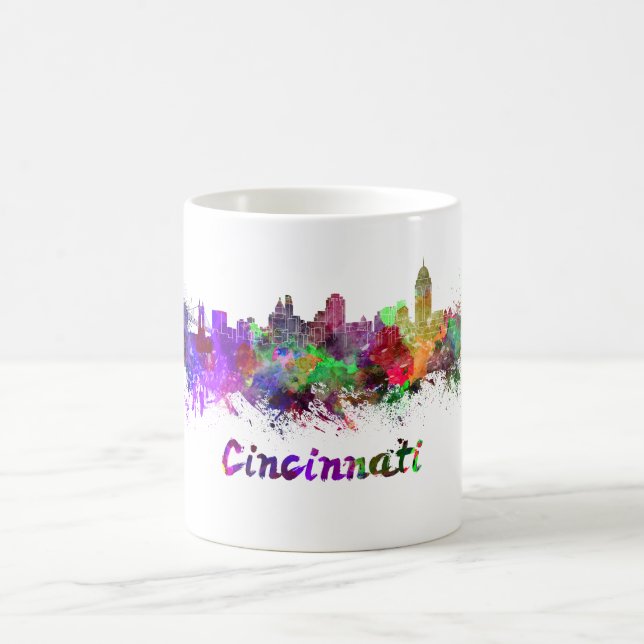 Cincinnati skyline in watercolor coffee mug (Center)