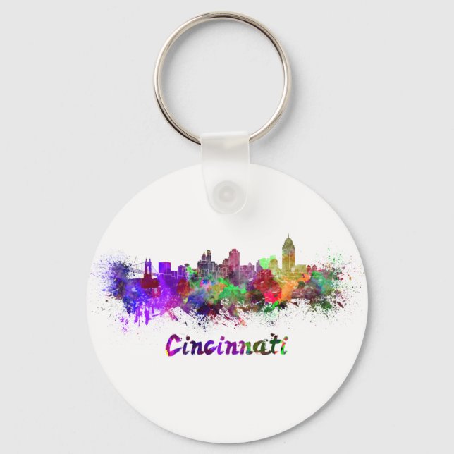 Cincinnati skyline in watercolor keychain (Front)