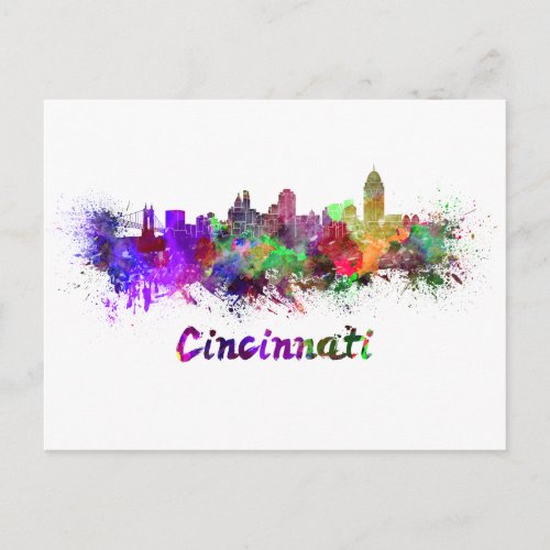 Cincinnati skyline in watercolor postcard