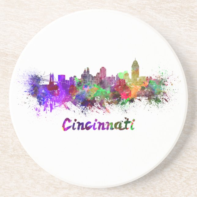 Cincinnati skyline in watercolor sandstone coaster (Front)