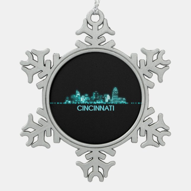 Cincinnati Skyline Snowflake Pewter Christmas Ornament (Front)
