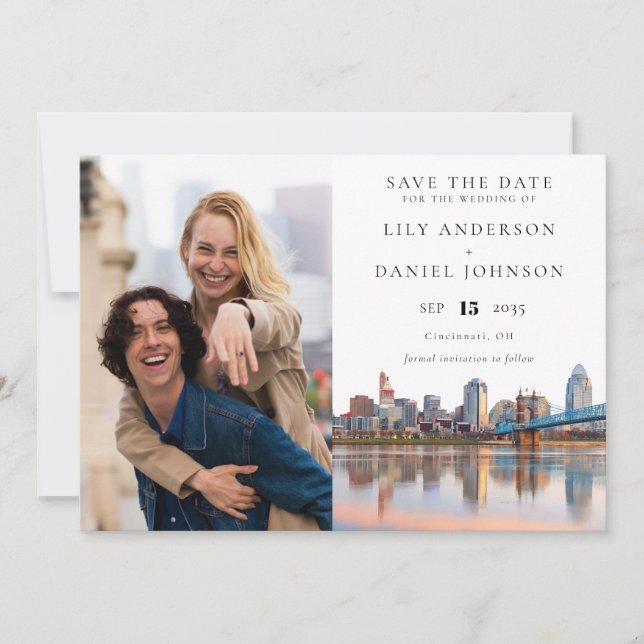 Cincinnati Skyline Watercolor Photo Wedding Save The Date (Front)