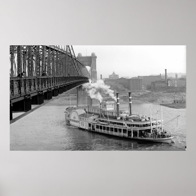 Cincinnati Suspension Bridge and Steamboat 1906 BW Poster (Front)