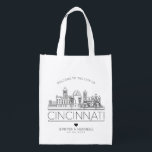 Cincinnati Wedding | Stylized Skyline Grocery Bag<br><div class="desc">A unique wedding bag for a wedding taking place in the beautiful city of Cincinnati,  Ohio. This bag features a stylized illustration of the city's unique skyline with its name underneath. This is followed by your wedding day information in a matching open lined style.</div>