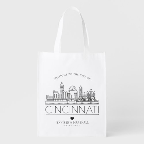 Cincinnati Wedding  Stylized Skyline Grocery Bag