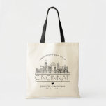 Cincinnati Wedding | Stylized Skyline Tote Bag<br><div class="desc">A unique wedding tote bag for a wedding taking place in the beautiful city of Cincinnati,  Ohio. This tote features a stylized illustration of the city's unique skyline with its name underneath. This is followed by your wedding day information in a matching open lined style.</div>