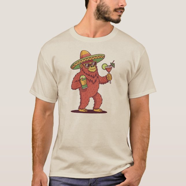 Cinco de Drinko Funny Bigfoot in Sombrero T-Shirt (Front)