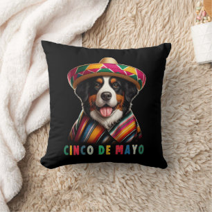 Cinco De Mayo Bernese Dog with Poncho And Sombrero Throw Pillow