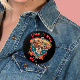 Cinco de Mayo Chihuahua Wearing Sombrero & Serape Button