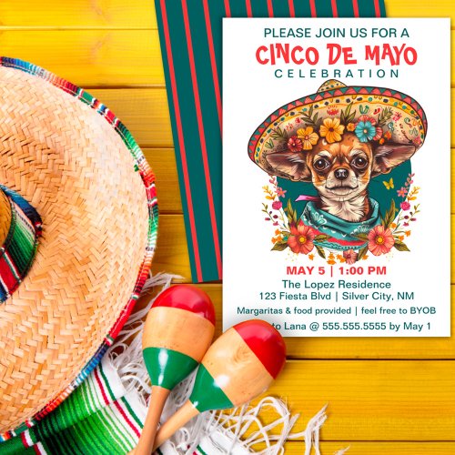 Cinco de Mayo Chihuahua Wearing Sombrero  Serape Invitation