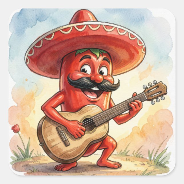 Cinco de Mayo Chili Guitar Player Square Sticker (Front)