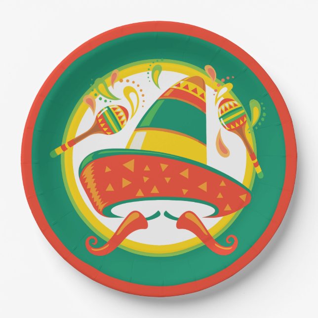 Cinco de Mayo Chili Peppers and Sombrero Paper Plates (Front)