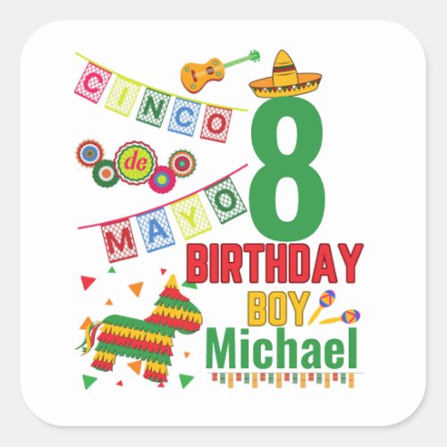 Cinco de Mayo Colorful Birthday Boy Fiesta Party Square Sticker