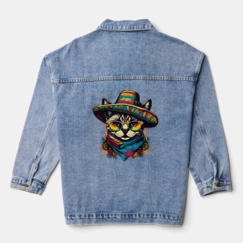 Cinco de Mayo Colorful Kitten and Mexican Sombrero Denim Jacket