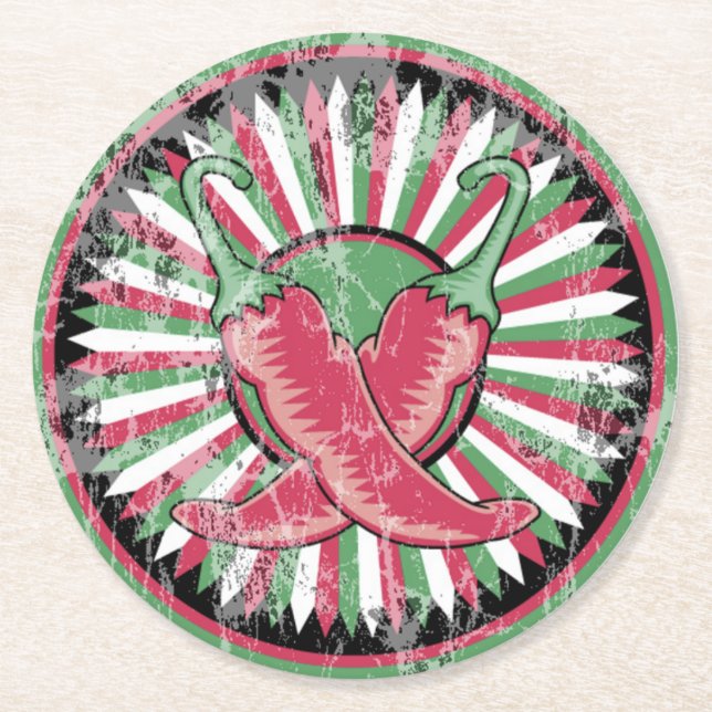 Cinco de Mayo Distressed Chili Peppers Round Paper Coaster (Front)