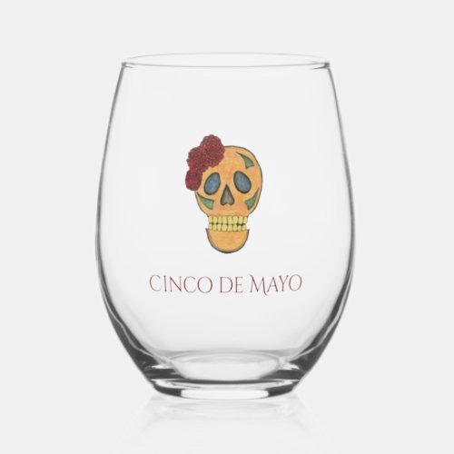 Cinco de Mayo Festive Sugar Skull Stemless Wine Glass