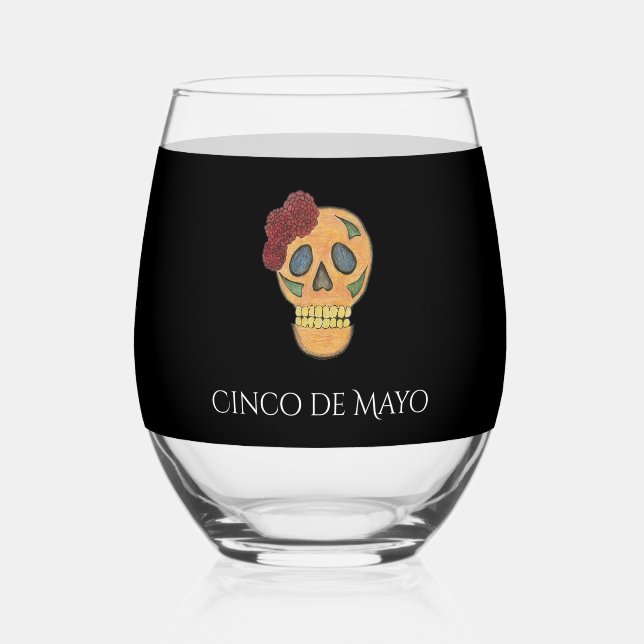 Cinco de Mayo Fiesta Sugar Skull Stemless Wine Glass (Front)