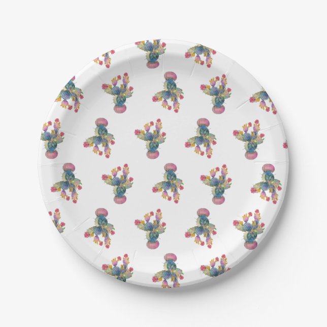 Cinco de Mayo Fiesta Watercolor Cactus Paper Plates (Front)