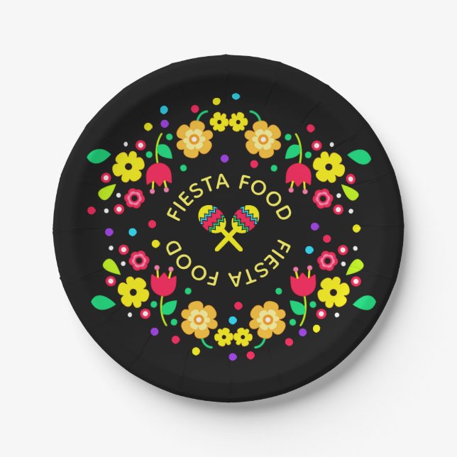 Cinco de Mayo Floral Folk Art and Maracas Paper Plates (Front)