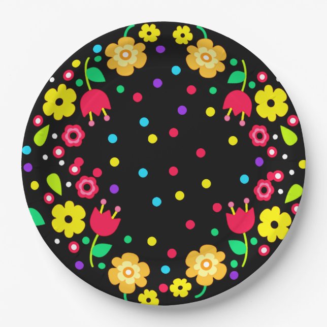 Cinco de Mayo Floral Folk Art and Maracas Paper Plates (Front)