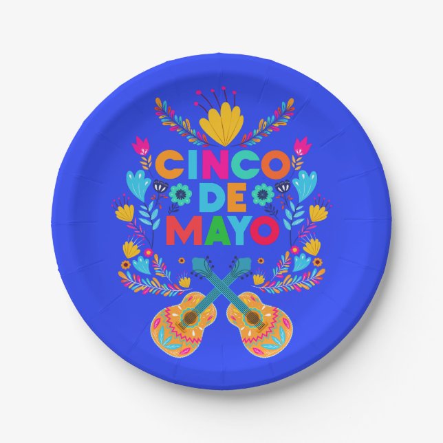 Cinco De Mayo flowers and Guitars  Paper Plates (Front)