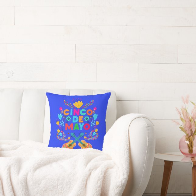 Cinco De Mayo flowers and Guitars  Throw Pillow (Couch)
