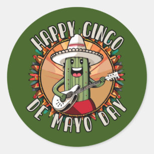 Cinco De Mayo Funny Mexican Cactus Playing Guitar Classic Round Sticker