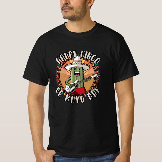 Cinco De Mayo Funny Mexican Cactus Playing Guitar T-Shirt (Front)