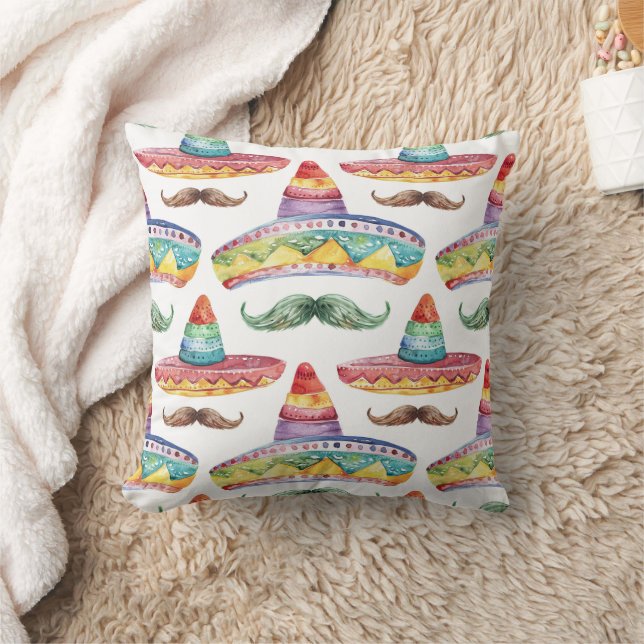Cinco de Mayo Hats Mustache Red Green Throw Pillow (Blanket)