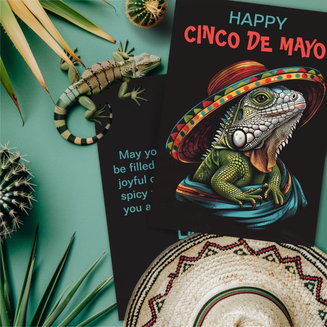 Cinco de Mayo Iguana Wearing Sombrero & Serape Holiday Card (Creator Uploaded)