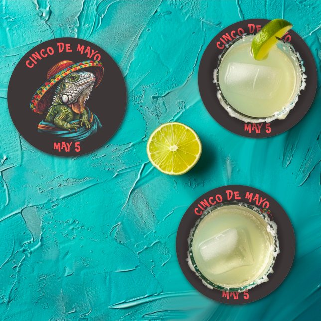 Cinco de Mayo Iguana Wearing Sombrero & Serape Round Paper Coaster (Creator Uploaded)