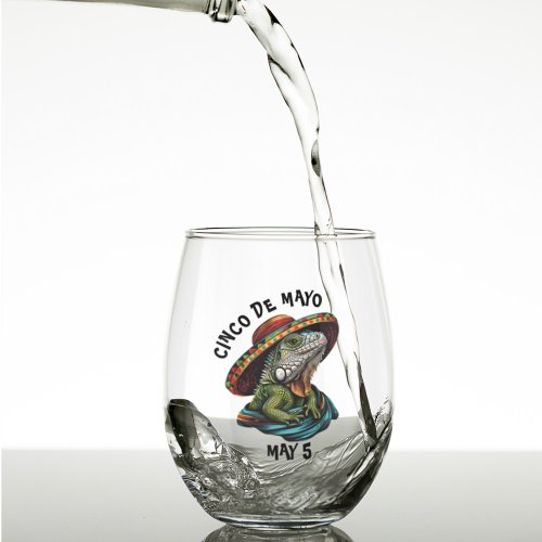Cinco de Mayo Iguana Wearing Sombrero  Serape Stemless Wine Glass