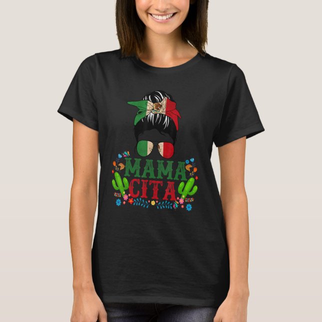 Cinco De Mayo Mama Messy Bun Glasses Bandana Mom L T-Shirt (Front)