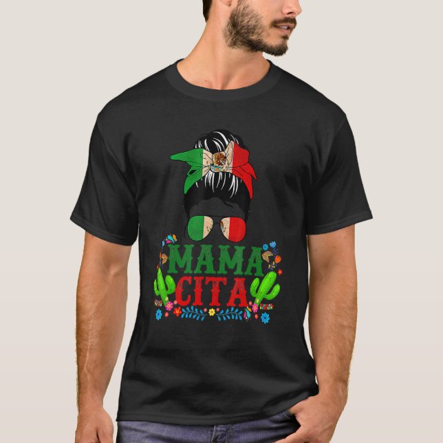 Cinco De Mayo Mama Messy Bun Glasses Bandana Mom L T-Shirt (Front)