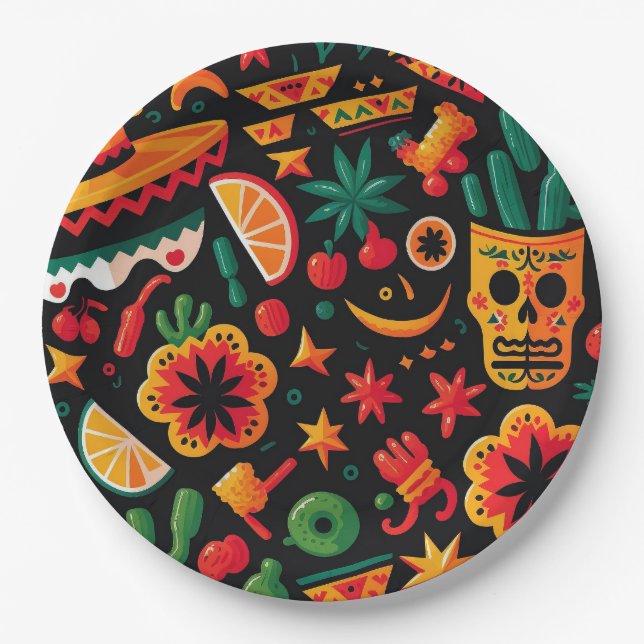 Cinco de Mayo. Mexican bright cartoon pattern Paper Plates (Front)