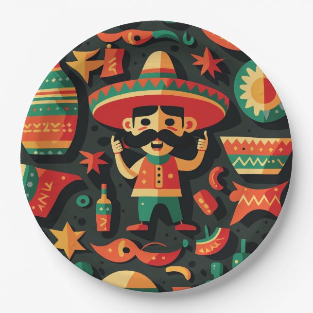 Cinco de Mayo. Mexican bright cartoon pattern  Paper Plates (Front)