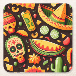 Cinco de Mayo. Mexican bright cartoon pattern Square Paper Coaster