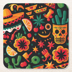 Cinco de Mayo. Mexican bright cartoon pattern Square Paper Coaster