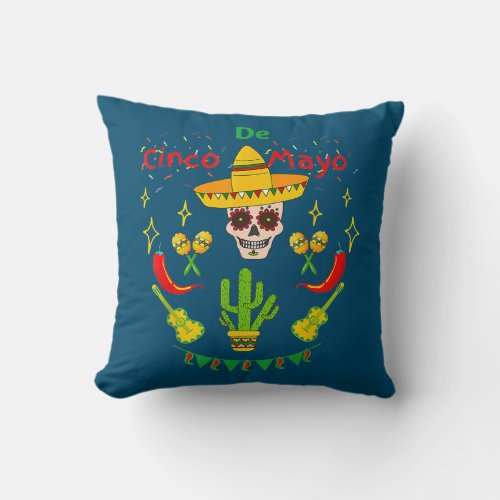 Cinco De Mayo Mexican Cross Sunglasses Skull Throw Pillow
